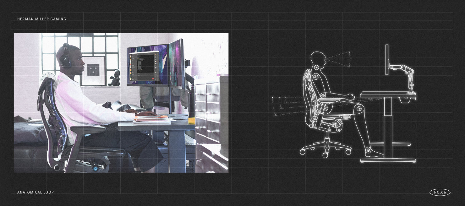 Foto af person siddende i optimal position ved gaming ved siden af mekanisk diagram af person i korrekt optimal position