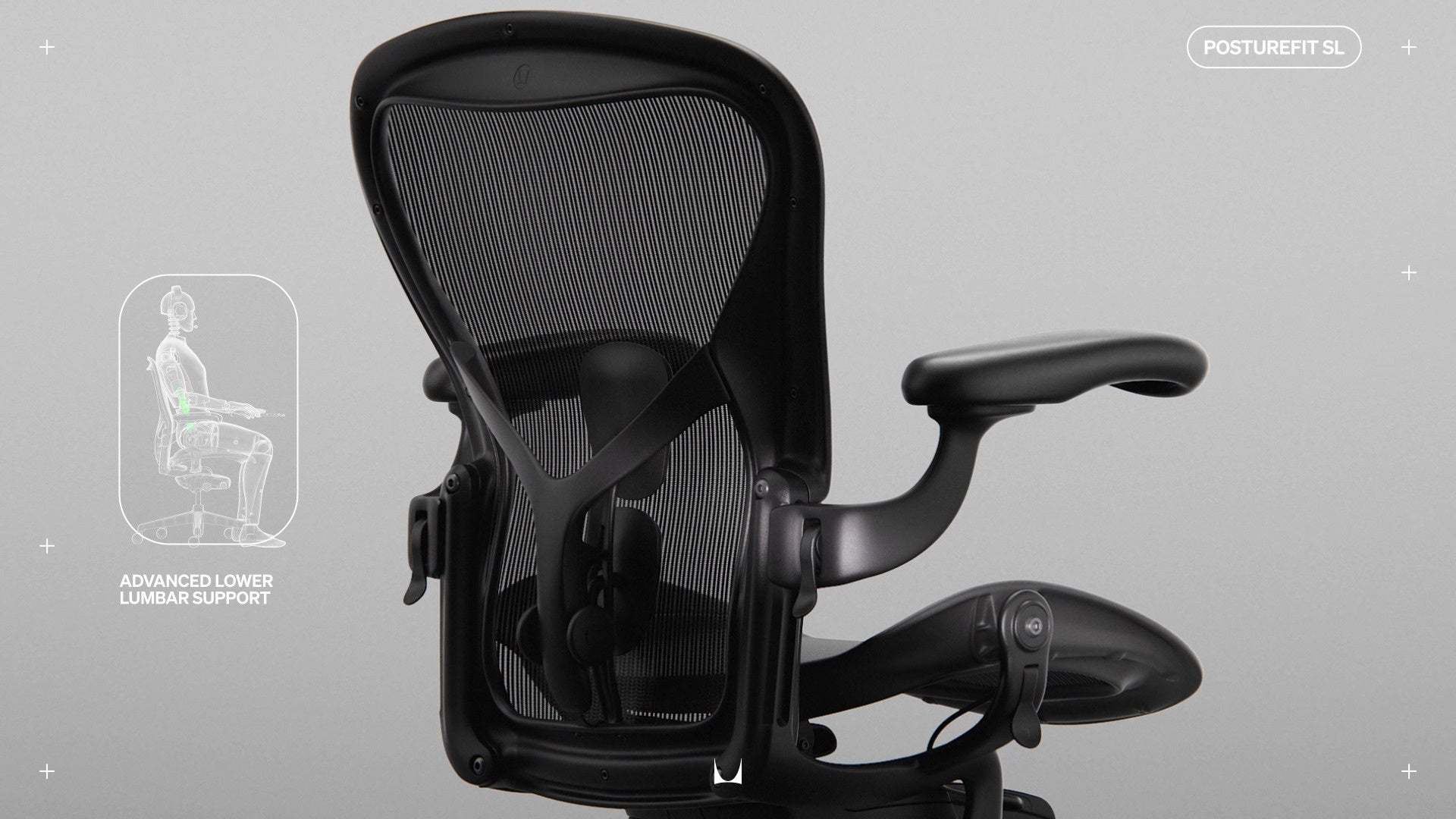 Bagfra set på Aeron gaming-stol forsynet med en stregtegning af en person, der sidder i stolen, med teksten ›Avanceret lændestøtte‹ og ›Posturefit SL‹