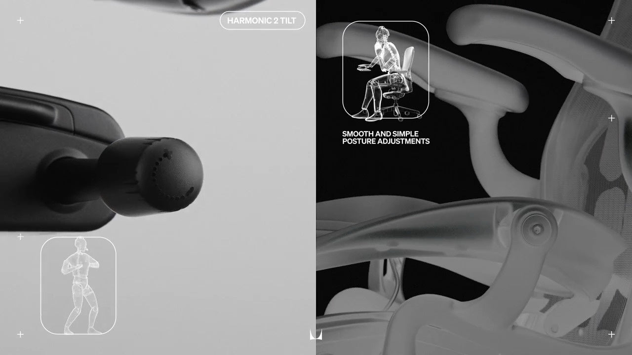 Nærbillede af vippemekanismen på Aeron-stolen side om side med et røntgenbillede af stolen, der vippes bagover, med teksten ›Harmonisk vippefunktion 2‹ og ›Jævn og enkel justering af kropsholdning‹.