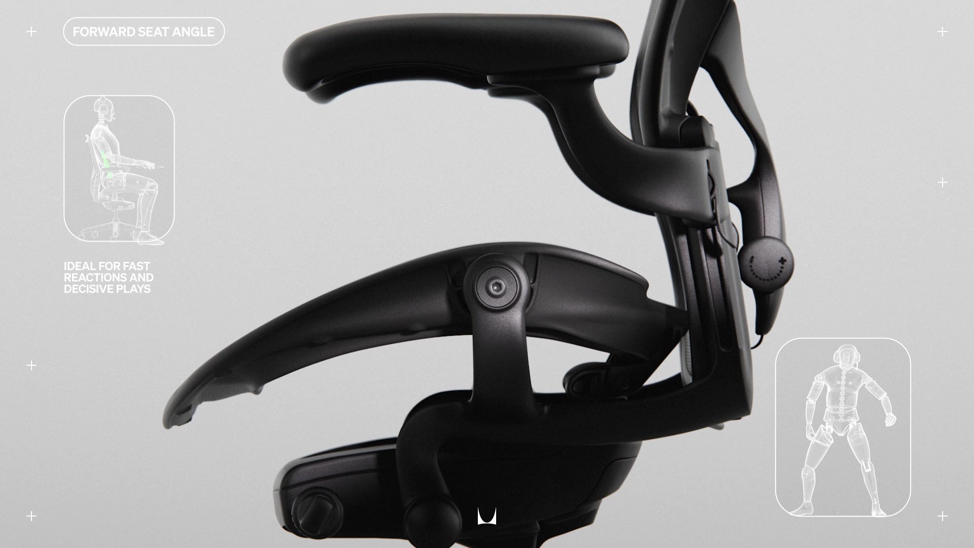 Sidebillede af Aeron-gamingstolen, der viser alle justeringsmekanismerne med små stregtegninger og teksten ›Fremadgående sædevinkel‹ og ›Ideel hurtig reaktion og beslutsom spil‹.