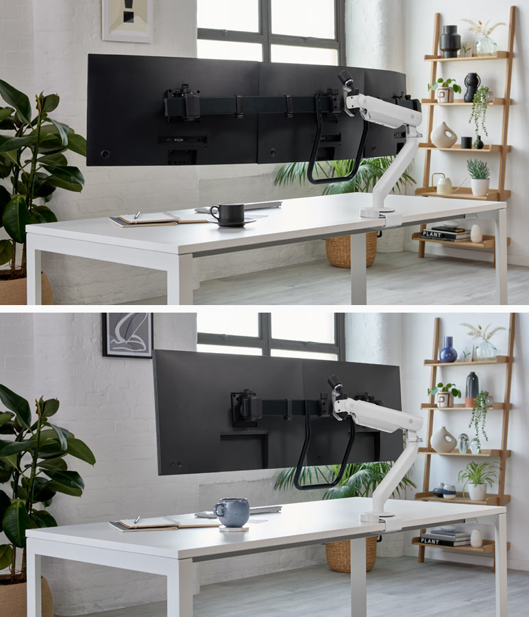 En collage af to billeder med hvide Flo X-monitorarme fra CBS, et med to skærme og et med tre skærme. Set i et hjemmekontor med hvide murstensvægge, træhylder og indendørs planter.