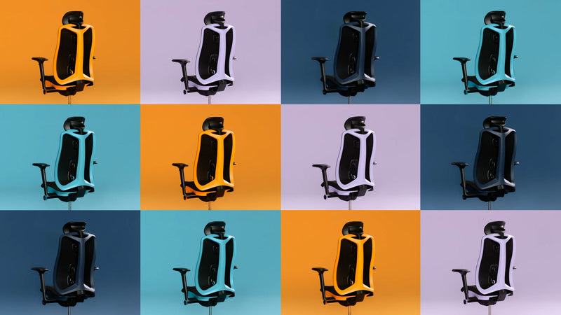 En legende og fængslende video, der viser Herman Millers Vantum-gamingstol i gul, lilla og blå.