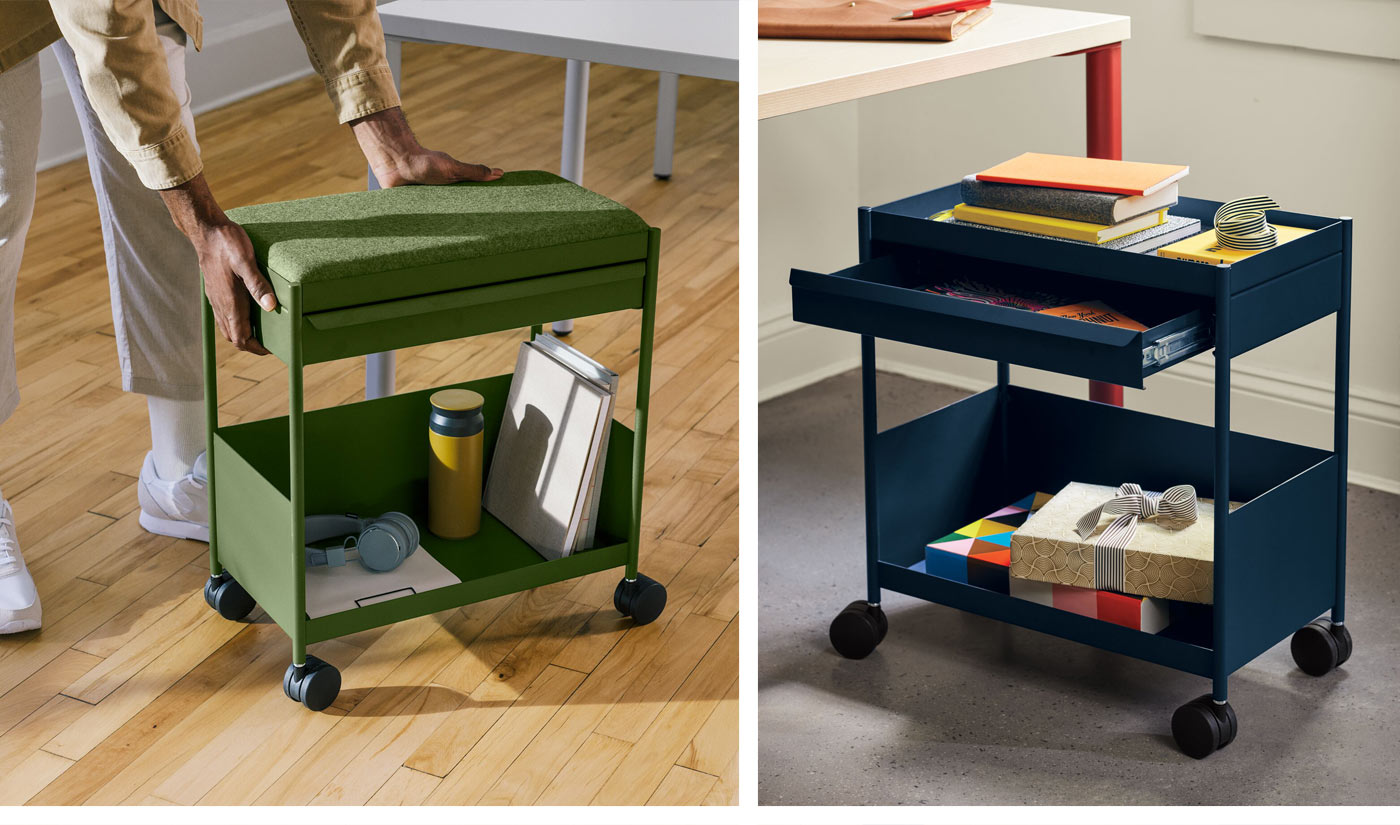 En collage af to billeder. Det første er en person, der skubber en grøn OE1-vogn fra Herman Miller med en vandflaske, nogle hovedtelefoner og en stak papirer. Det andet er en blå OE1-vogn fra Herman Miller med en række bøger, notesblokke og andet kontorudstyr.