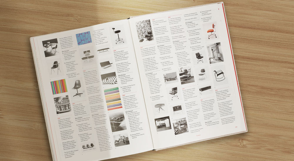 Topbillede af en åben Herman Miller - A Way of Living Book. Siderne viser små billeder af klassiske og innovative Herman Miller-produkter.