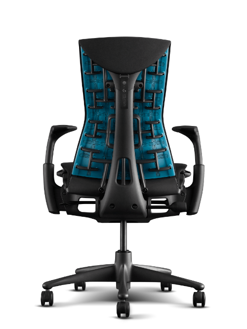 Bagfra set Herman Miller Embody gamingstol i cyan og sort.