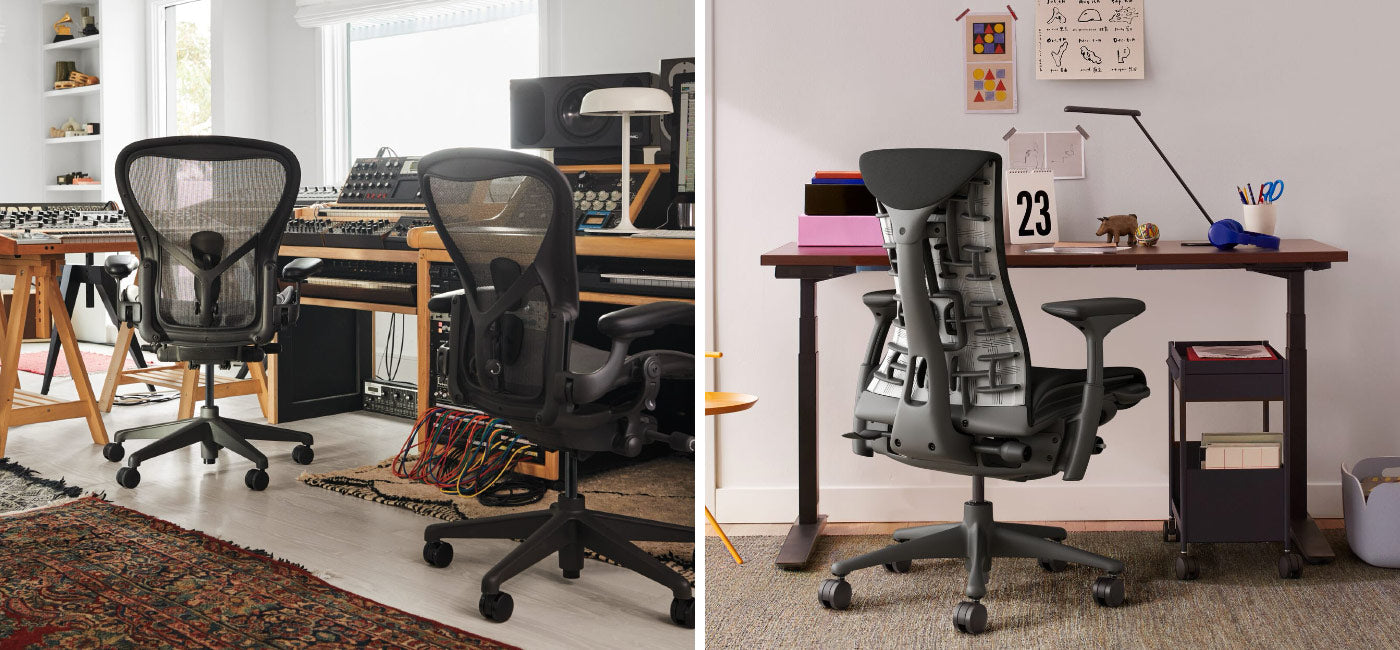 Foto af musikproduktionsstudie med 2 Aeron-kontorstole i grafit ved siden af en anden med Embody-kontorstol i sort og Jarvis-siddestativ med sorte ben og bordplade i hårdttræ