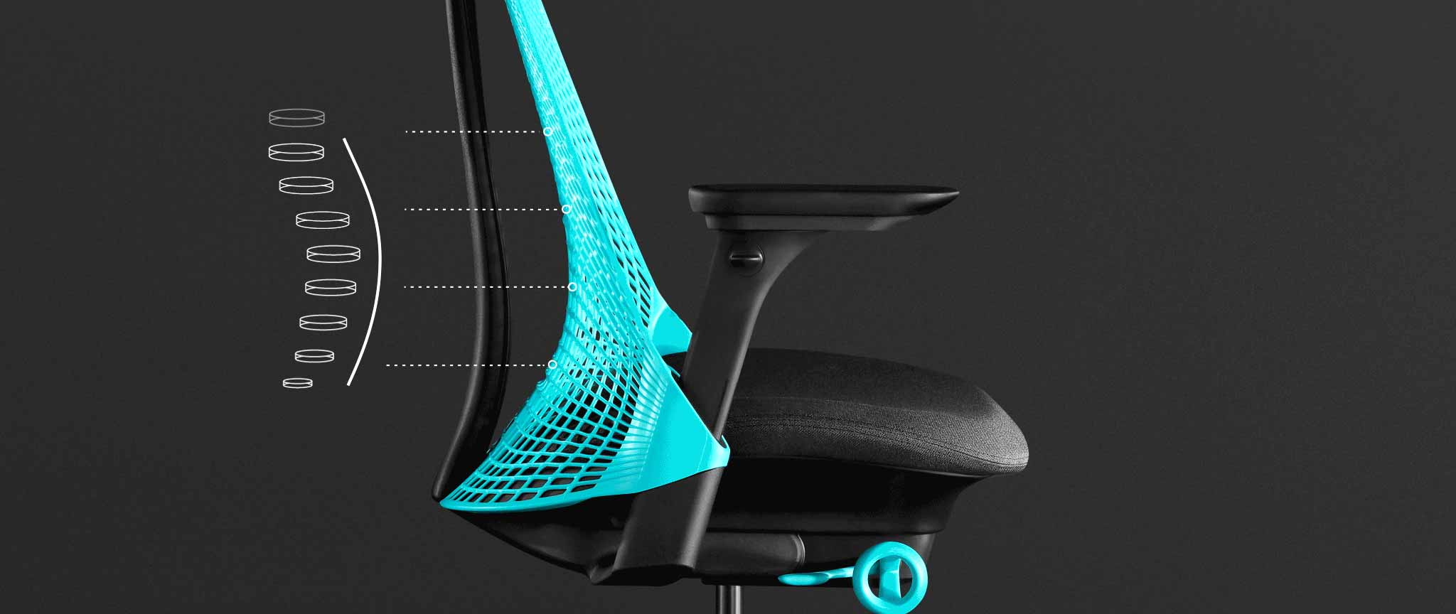 Sidebillede af en blå og sort Sayl-gamingstol fra Herman Miller, overlejret med hvid grafik, der fremhæver rygstøtten.