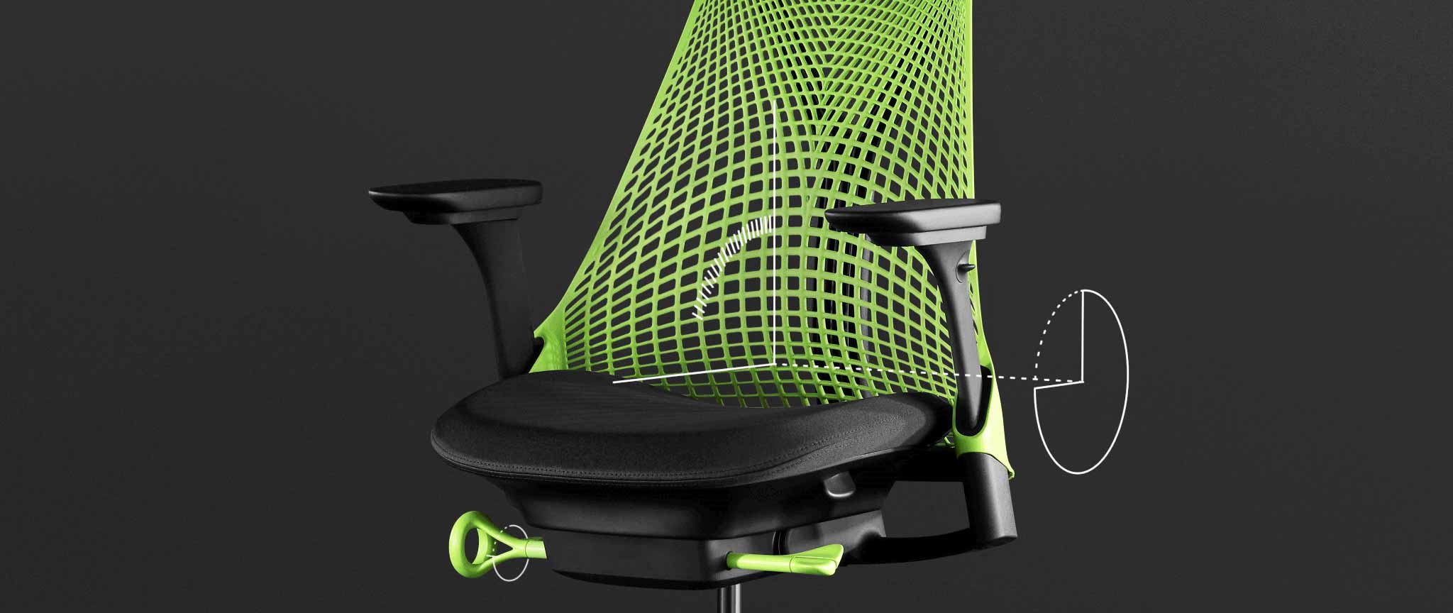 Frontbillede af en grøn og sort Sayl-gamingstol fra Herman Miller, overlejret med hvid grafik, der fremhæver vippefunktionen.