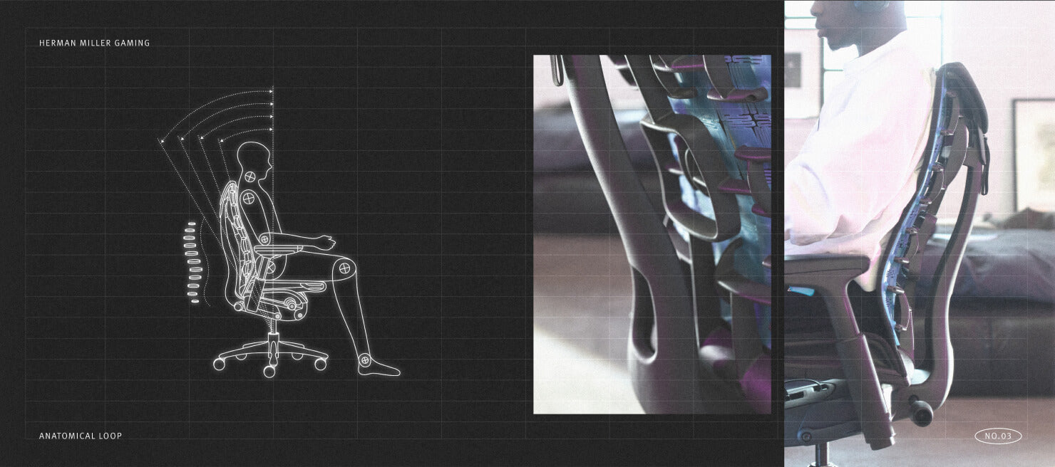 Mekanisk diagram af en person i siddende stilling ved siden af to billeder af en person, der sidder i Embody-gamingstol i hvid og galakseblå