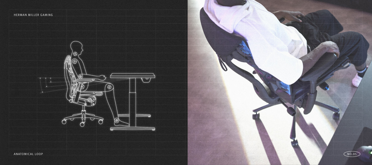 Mekanisk diagram af person i korrekt optimal position i Embody-gamingstol foran Nevi-gamingbord sammen med foto set ovenfra af person, der sidder i Embody-gamingstol i cyan