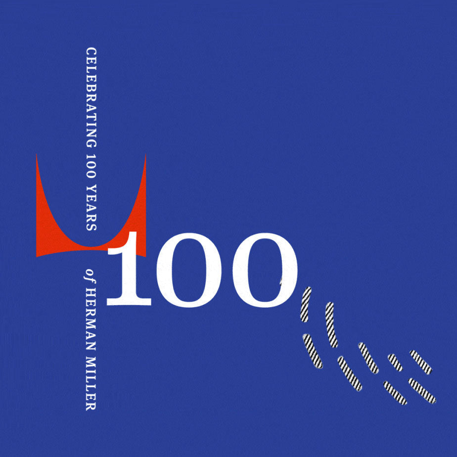 Grafisk billede, der fejrer 100 år med Herman Miller – blå baggrund med tallet 100 og tekst