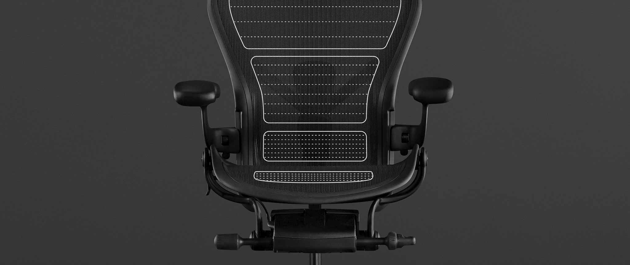 Skriftbillede af en sort Aeron-gamingstol fra Herman Miller, overlejret med hvid grafik, der fremhæver 8Z Pillicle-materialet.