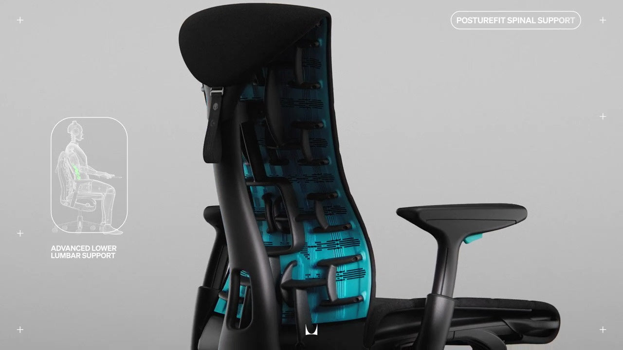 Set fra siden Logitech Embody gaming-stol i sort og cyan, overlejret med en lille stregtegning af stolen med omridset af en person, der sidder med ordene »avanceret lændestøtte« til venstre og »Posturefit rygstøtte« øverst til højre i billedet