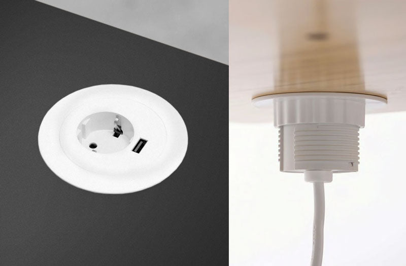 Oversigtsbillede og billede nedenfra af en gennemføring i et laminatskrivebord med en enkelt stikkontakt og USB-stik.