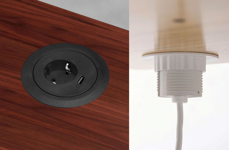 Oversigtsbillede og billede nedenfra af en gennemføring i et skrivebord i valnøddelaminat med en enkelt stikkontakt og USB-stik.