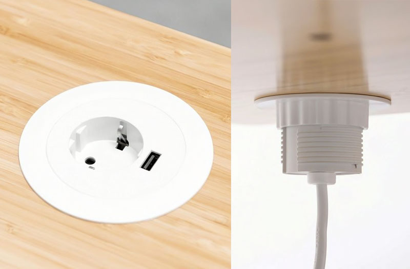 Oversigtsbillede og billede nedenfra af en gennemføring i et bambus-skrivebord med en enkelt stikkontakt og USB-stik.