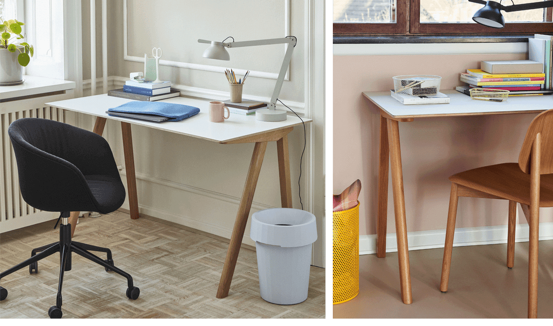 To billeder af HAYs skrivebord i eg med vinylplade, CPH90, som en del af et hyggeligt hjemmekontor.