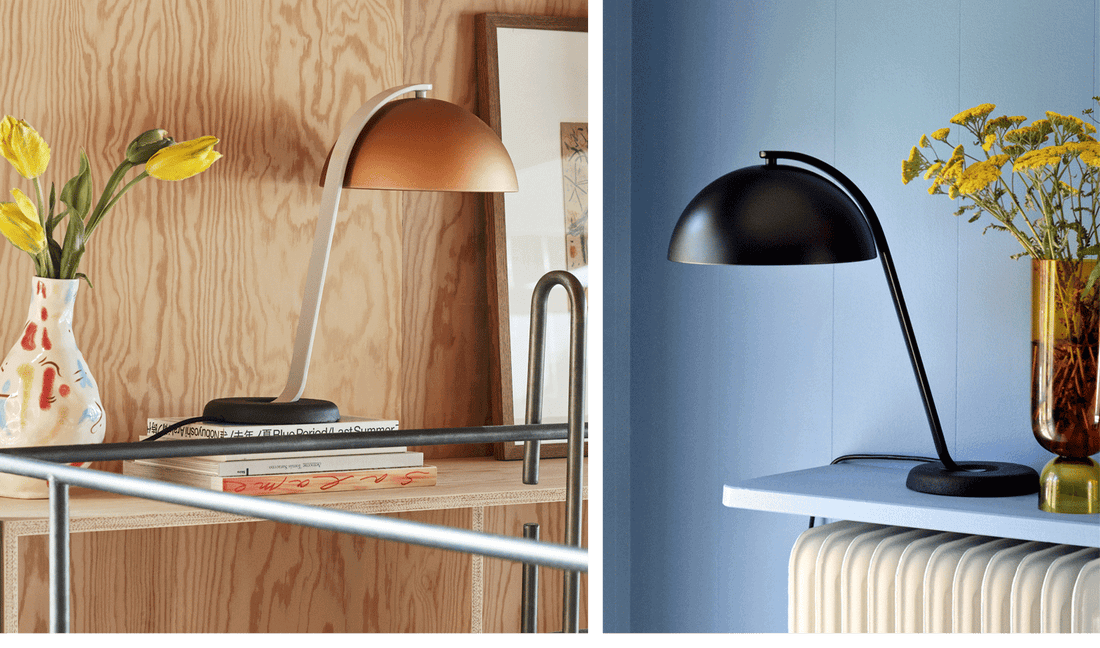 To billeder af HAYs stilfulde Cloche-kuppelformede lampe i messing og sort.