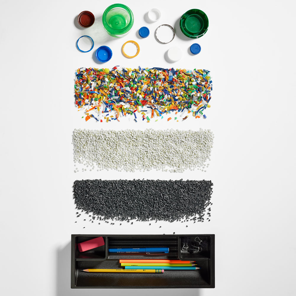 Collage-foto af plast i forskellige former, fra store stykker til mikroplast, der repræsenterer Ocean Bound Plastic-initiativet hos Herman Miller