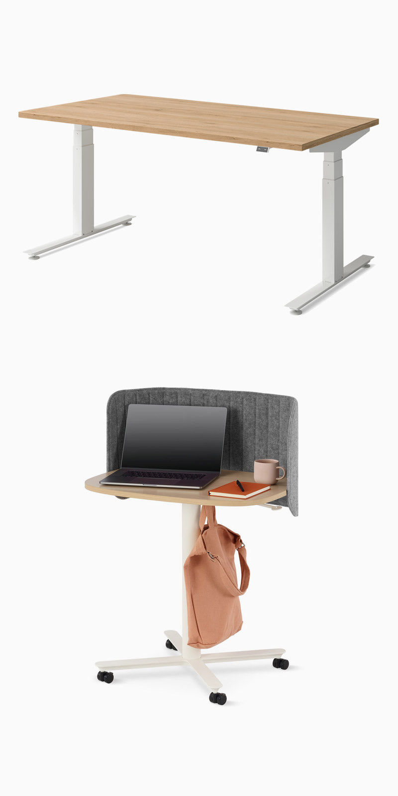 Et Herman Miller Nevi stående skrivebord og Passport Sit to Stand skrivebord