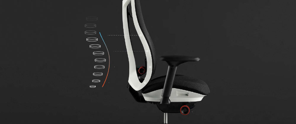 Sidebillede af en hvid og sort Vantum-gamingstol fra Herman Miller, overlejret med hvid grafik, der fremhæver rygstøtten.