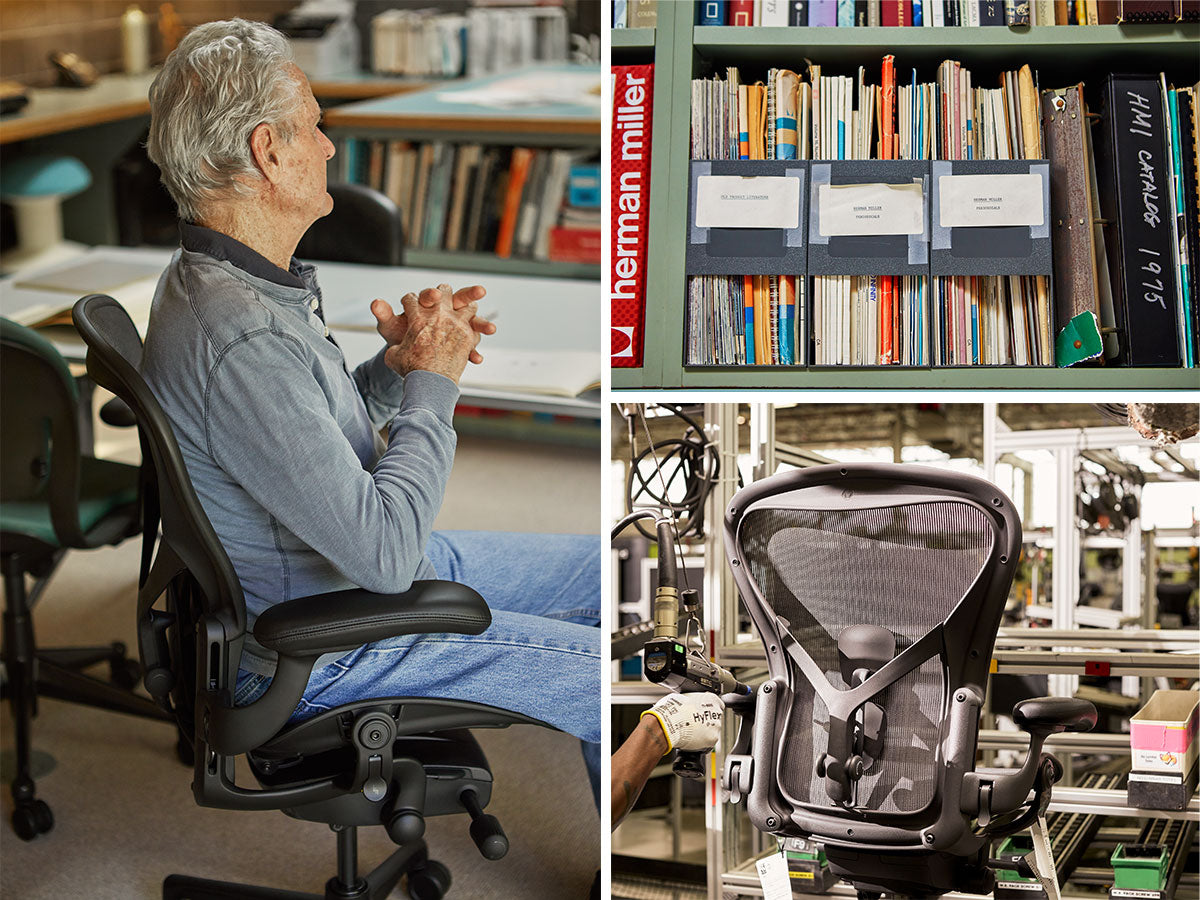 Trio af fotos i gitterformat, herunder sideprofil af Aeron-designeren Don Chadwick i en Aeron-kontorstol, hylde med dokumenter om design og ergonomi og til sidst en Aeron under fremstilling