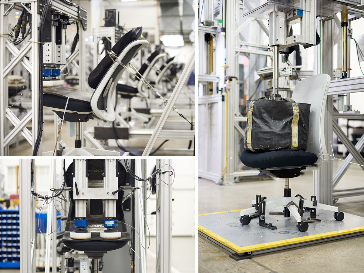 Trio af fotos, der viser nogle af de kvalitetstests, som Herman Miller-stole gennemgår i testlaboratoriet